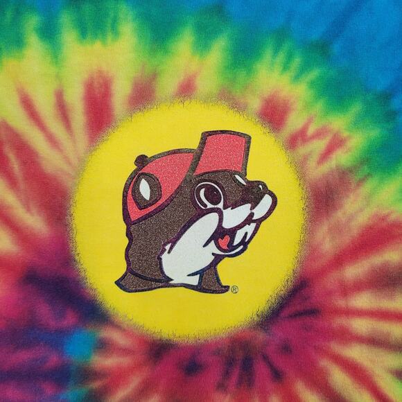 Vintage Y2K Buc-ee the Beaver Tie-Dye Shirt Medium 19x25 Cotton Red Yellow Blue - Picture 3 of 11